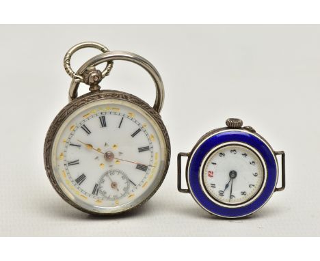 A LADYS POCKET WATCH AND AN ENAMEL WATCH, the key wound, open face pocket watch, Roman numerals, subsidiary dial at the six o