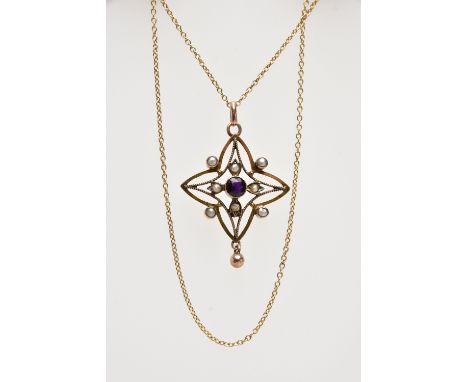 AN EDWARDIAN LAVALIER PENDANT AND CHAIN, openwork star outline, set to the centre is a circular cut amethyst, with split pear