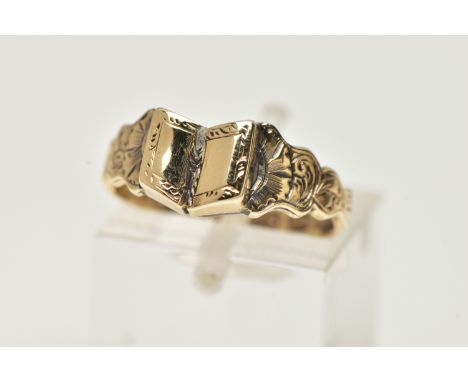 A 9CT GOLD SIGNET RING, in the form of an openwork book with vacant cartouche, floral shoulders and detailed shank, hallmarke
