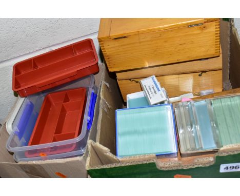 TWO BOXES OF MICROSCOPE SLIDE ACCESSORIES ETC, to include microscope slide boxes, unused glass microscope slides, together wi