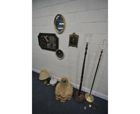 A SELECTION OF MIRRORS AND LAMPS, to include an oak rectangular bevelled edge wall mirror, with canted corners, 85cm x 54cm, 