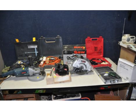 A BOSCH GWS20-230 9in ANGLE GRINDER, a MacAllister MJS750L jigsaw, a Performance Circular Saw, an EPT pistol screwdriver with