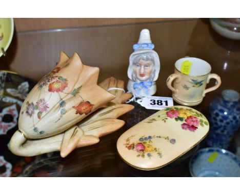 ASSORTED ROYAL WORCESTER PORCELAIN, comprising a Blush Ivory wall pocket, printed and painted marks to the back, a miniature 