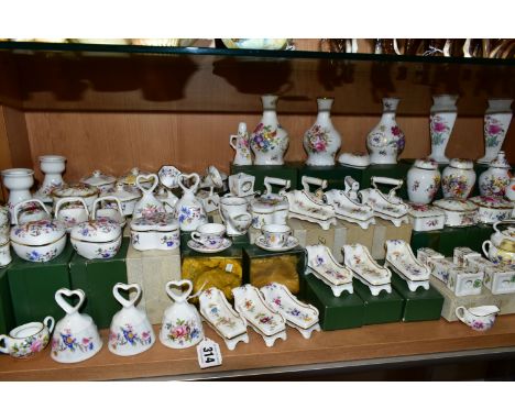 A QUANTITY OF HAMMERSLEY CHINA ORNAMENTS, to include over sixty trinket boxes, vases, miniatures and other items, most with o