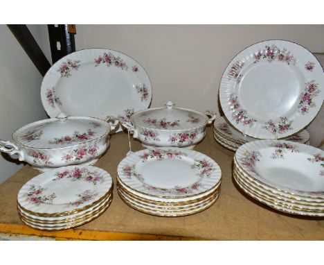 A TWENTY SEVEN PIECE ROYAL ALBERT LAVENDER ROSE DINNER SERVICE, comprising two tureens (one with hairlines to base), a meat p
