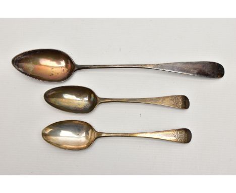 A GEORGE III SILVER BASTING SPOON AND A PAIR OF GEORGE III OLD ENGLISH PATTERN TABLESPOONS, all three engraved with initials 