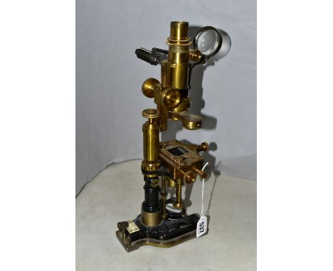 A VINTAGE TISLEY &amp; SPILLER BRASS MICROSCOPE, appears complete, missing wooden case (1)
