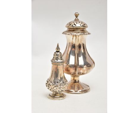 A SILVER CASTER AND A PEPPERETTE, a mid-Victorian sugar caster of a baluster form, floral rim detail with openwork cover, hal