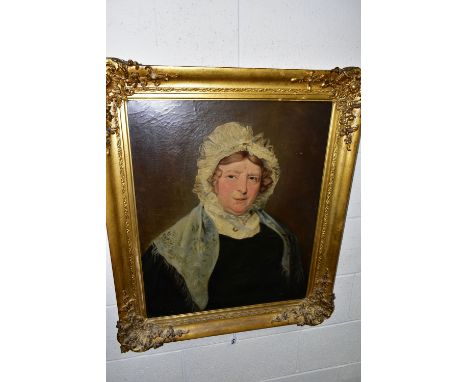 A MID 19TH CENTURY HEAD AND SHOULDERS PORTRAIT OF A FEMALE FIGURE, she wears a lace bonnet on her head and a shawl over her s