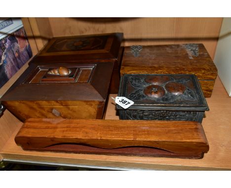 TWO VICTORIAN WRITING BOXES AND A TEA CADDY,  comprising an inlay jewellery box with  green velvet lined compartments, three 