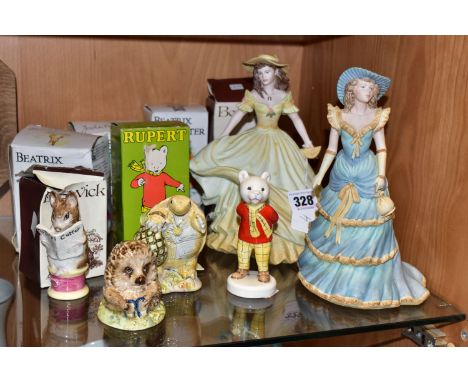 A GROUP OF FIGURINES AND CERAMIC CHARACTER FIGURES,  comprising Coalport The Age of Elegance 'Petticoat Lane' and 'Tea Dance'