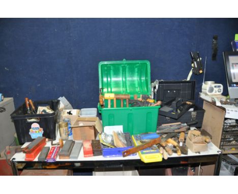 TWO BOX AND A TOOLBOX CONTAINING TOOLS including trowels, sharpening stones, mallets, hack saws, fret saws, hand and shoulder