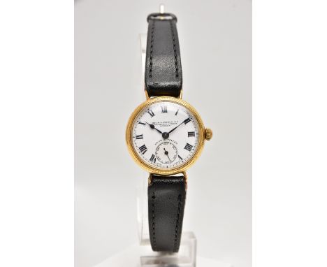 AN EARLY 20TH CENTURY 18CT YELLOW GOLD BIRCH AND GAYDON LTD MANUAL WIND WRISTWATCH, the white enamel dial with black Roman nu