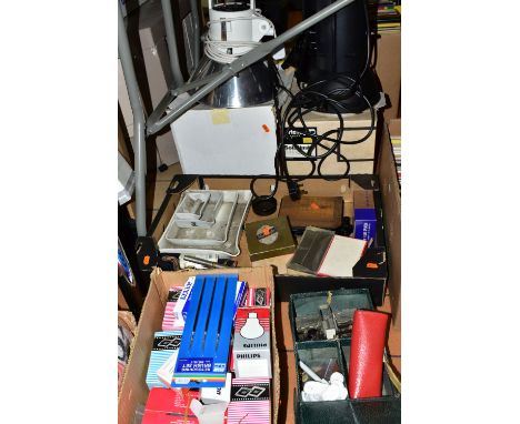 THREE BOXES OF STUDIO LIGHTS AND VINTAGE PHOTOGRAPHIC EQUIPMENT, to include a boxed pair of Courtenay Solaflash 1000s photogr