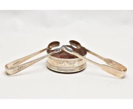 TWO PAIRS OF SILVER SUGAR TONGS AND A COASTER, the first a pair of mid Victorian, bright cut sugar tongs, hallmarked 'Thomas 