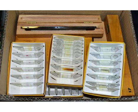 A BOX OF MICROSCOPE SLIDES AND SPECIMENS, to include approximately twenty seven boxed slides, mainly modern/late twentieth ce