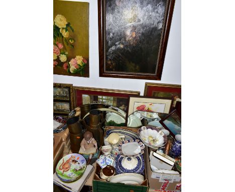 THREE BOXES OF CERAMICS, COLLECTOR'S PLATES AND MIRRORS, to include three vintage wall mirrors, framed prints, four graduated