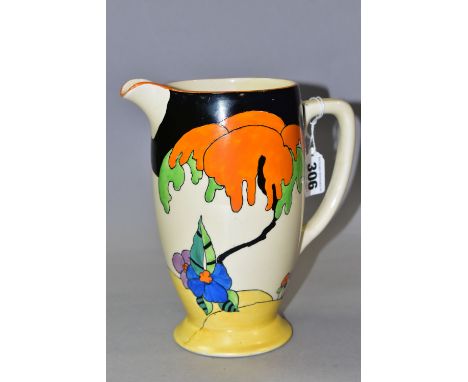 A CLARICE CLIFF WOODLAND PATTERN WATER JUG, painted with an orange and green tree among blue, purple, orange and green flower