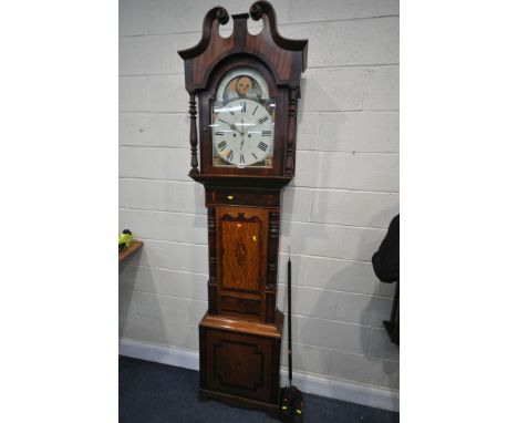 A GEORGIAN AND LATER OAK AND MAHOGANY EIGHT DAY LONGCASE CLOCK, the hood with a swan neck pediment and turned pillars, flanki