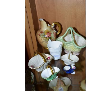 A ROYAL WORCESTER BLUSH IVORY JUG AND SIX GRAINGER / ROYAL WORCESTER BASKETS AND PAIL, the jug printed and tinted with floral