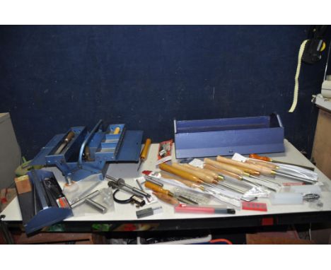 TWO METAL TOOLBOXES CONTAINING WOODTURNING TOOLS including Robert Sorby, Crown and other chisels, an Axminster Texture Tool a