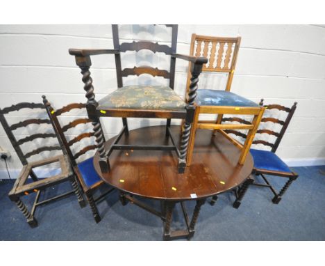 A 20TH CENTURY OAK BARLEY TWIST OVAL GATE LEG TABLE, open length 132cm x closed 36cm x depth 92cm x height 76cm, along with a