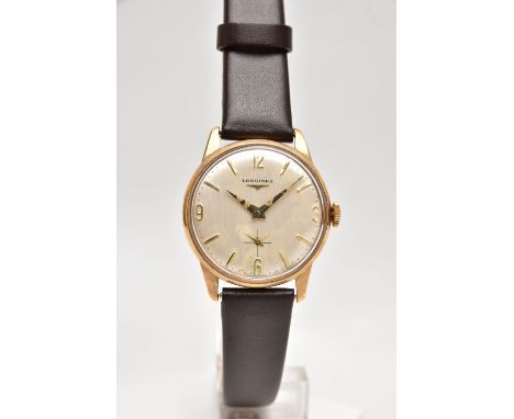 A GENTS 'LONGINES' WRISTWATCH, manual wind, round silvered dial signed 'Longines', Arabic twelve, three, six and nine numeral