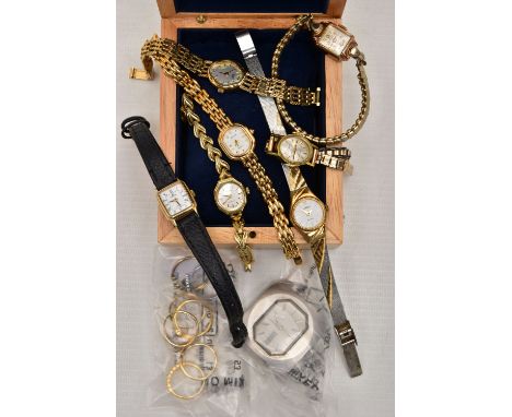 A BOX OF ASSORTED WATCHES AND COSTUME JEWELLERY, to include a 'Rotary' automatic watch head, seven ladys wristwatches, names 