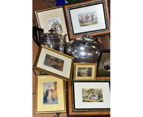 A BOX OF FRAMED BAXTER PRINTS AND PLATED WARES, comprising seven framed and glazed Baxter prints, depicting Admiral Nelson, Q