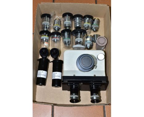 ONE TRAY OF LEITZ WETZLAR MICROSCOPE OBJECTIVES, to include a Leitz Wetzlar binocular microscope attachment, lenses include f