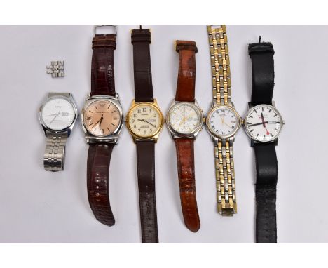 SIX ASSORTED GENTS WATCHES, to include an 'Emporio Armani' AR-0264, fitted with a brown leather strap, a 'Mondaine' 30344, fi