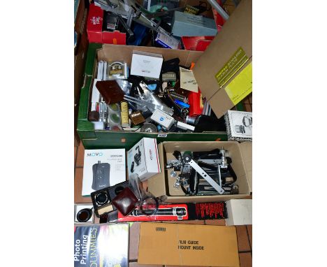TWO BOXES OF ASSORTED CAMERA EQUIPMENT, to include lenses, filters, flash lights, stands, etc. (s.d)(2 boxes)