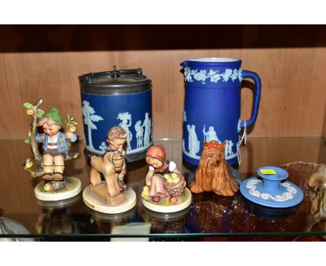 A COLLECTION OF CERAMICS, comprising a Wedgwood Blue Jasperware jug, height 19cm, and biscuit barrel with a silverplate lid a