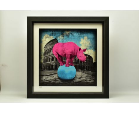 LARS TUNEBO (SWEDEN 1962) 'THE MAIN ATTRACTION', a signed limited edition  print depicting a Rhino balanced upon an exercise 