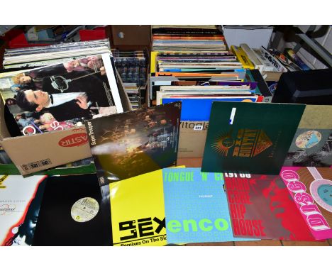 SIX BOXES AND LOOSE RECORDS, VHS TAPES, CASSETTES AND PC GAMES, to include approximately one hundred and twenty vinyl LPs and