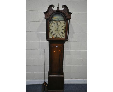 A GEORGIAN OAK EIGHT DAY LONGCASE CLOCK, the hood with swan neck pediment, twin pillars, flanking a glazed door that's enclos