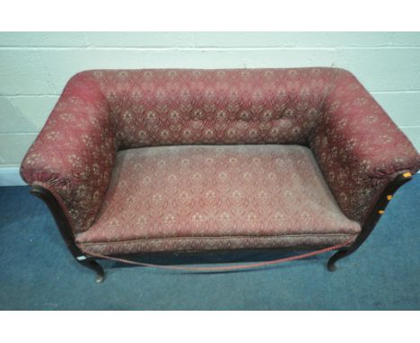 A LATE 19TH EARLY 20TH CENTURY BURGUNDY AND FLORAL UPHOLSTERED SOFA, on front cabriole legs, length 128cm x depth 70cm x heig