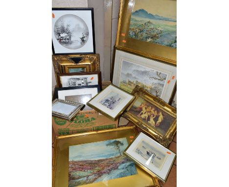 A BOX AND LOOSE PAINTINGS AND PRINTS ETC, to include two early 20th Century landscape watercolours signed F. Marginson, appro