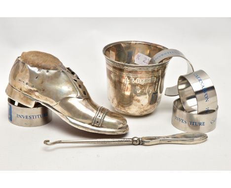 A SMALL PARCEL OF SILVER, WHITE METAL AND STAINLESS STEEL, comprising a George V gent's shoe pin cushion, oak sole, makers S 