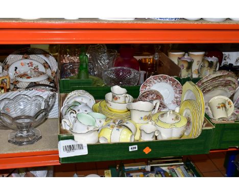 FIVE BOXES AND LOOSE CERAMICS AND GLASSWARES, to include a thirty three piece Johnson Bros 'Pareek' tea service, ten pieces o