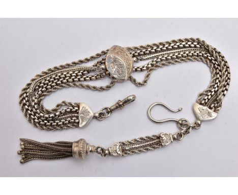 A WHITE METAL ALBERTINA, multi chain Albertina with sliding centre piece, tassel fitting with fish hook clasp and lobster cla