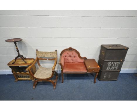 A SELECTION OF OCCASIONAL FURNITURE, to include a telephone seat, with pink upholstery, a vintage traveling trunk, a fruitwoo