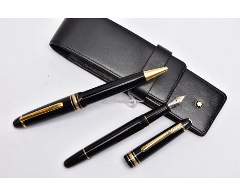 A TWO PIECE 'MONTBLANC' PEN SET, to include a black laquaer with gold detailed coller, fountain pen, signed 'Montblanc, Meist