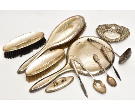 A SMALL PARCEL OF SILVER AND PLATE, including a silver backed dressing table set in poor condition, assorted silver mounted m