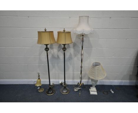 A PAIR OF ALEXANDER FLOOR STANDING LAMPS, height 154cm, another standard lamp, a heavy figural table lamp, made by midland cr