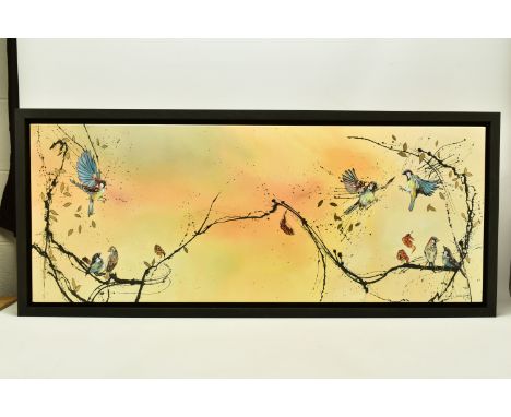 KAY DAVENPORT (BRITISH CONTEMPORARY) 'TAKING FLIGHT', a signed limited edition print depicting birds on stylised branches, 14