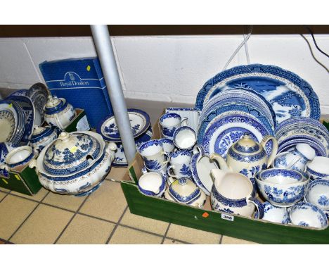 TWO BOXES OF BLUE AND WHITE DINNERWARES, comprising Wood &amp; Sons 'Willow' pattern jugs, teapot, covered sugar bowl, Burlei