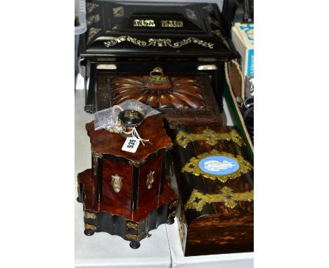 A GROUP OF SEWING BOXES, comprising a Victorian&nbsp; japanned sewing box with mother of pearl inlay and key, an embossed lea