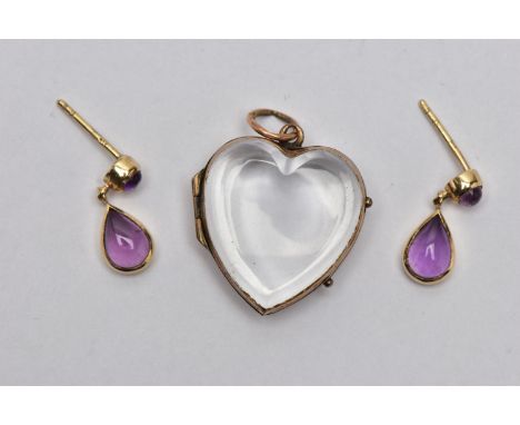 A QUARTZ HEART LOCKET AND A PAIR OF EARRINGS, the colourless polished quartz locket of a heart form, fitted with yellow metal