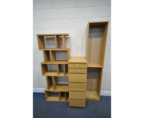 A SELECTION OF LIGHT OAK FURNITURE, to include a tall chest of seven drawers, with a mirrored hinged lid, width 41cm x depth 
